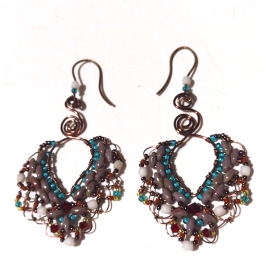 PENNY DIXON DESIGNS COPPER WIRE BEADED HEART-SHAPED HOOK DROP 2.5" EARRINGS